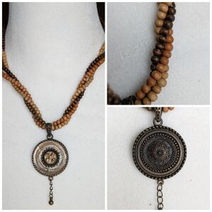 Double Sided Boho Wooden Bead Necklace with Pendant